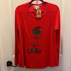 Poof! Red Long Sleeve Tee with Festive ‘Xmas Ellie’ Sequin and Bell Design (L)